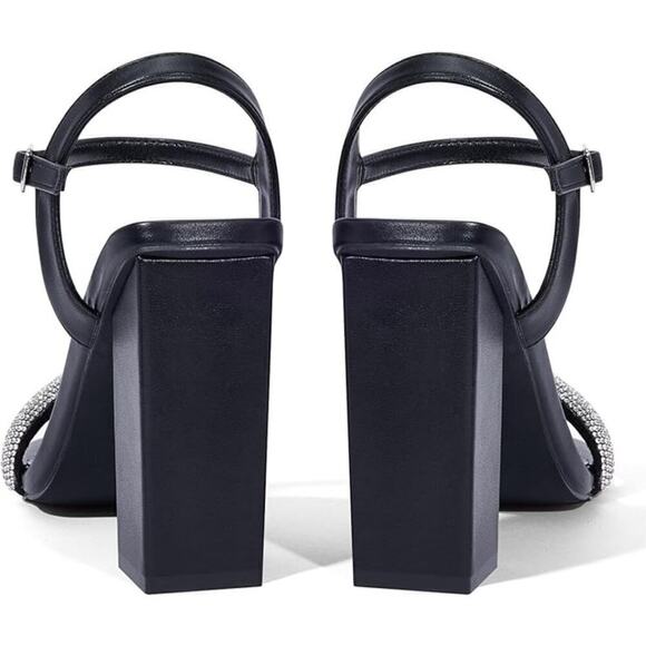 Elisabet Tang Rhinestone Ankle Strap Black Block Heels Square Sandal Shoe SZ 11 - Picture 4 of 6